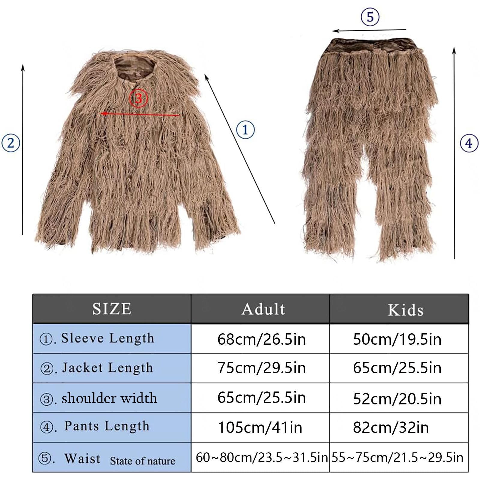 5-Teilige 3D Ghillie Suit Camouflage Jagdbekleidung Tarnanzug Herren Einschließlich Jacke,Hose,Kapuze,Tragetasche Tarnanzug für Militär,Airsoft Sniper,DryGrass-Adults