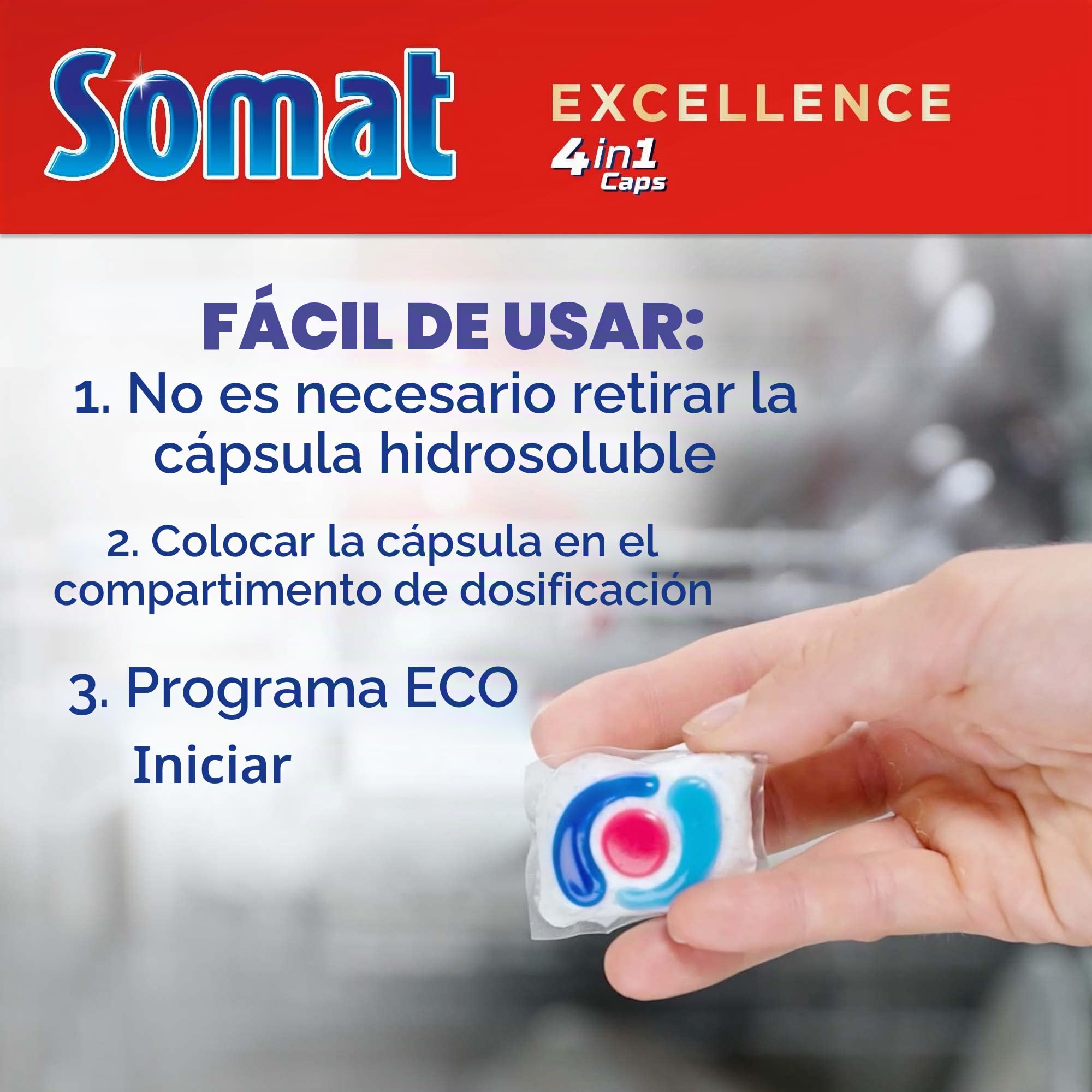 Somat Caps Excellence 4 en 1 (141 tapas), pastillas para lavavajillas de liberación rápida, tapas Somat para una excelente limpieza y brillo incluso en el programa Eco & a bajas temperaturas