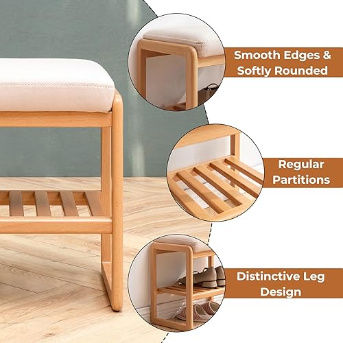 Miniatura 4 de Hymus Banco pequeño de almacenamiento de zapatos 100% madera maciza, banco de zapatos de entrada con asiento acolchado (17.71 pulgadas, nogal)