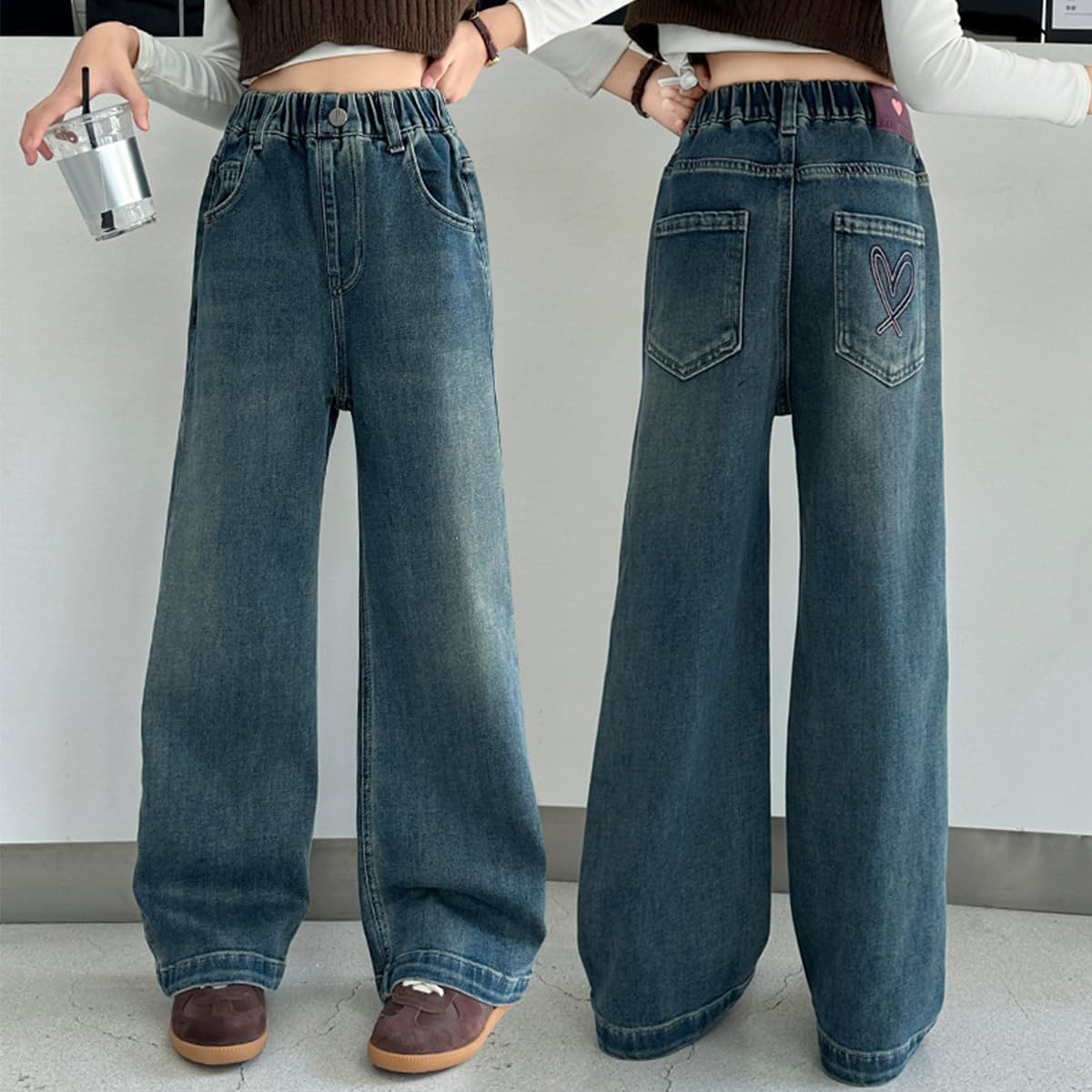 Kids Girls Jeans Washed Elastic Waist Baggy Wide Leg Jeans Size 4-14 Years - Image 6
