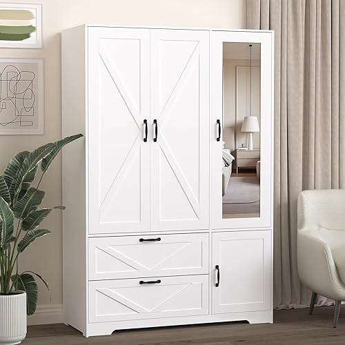 Armario Armario con puerta de espejo, 3 puertas, Armario de dormitorio de granja con cajones y estantes ajustables, Armario de madera con barra para