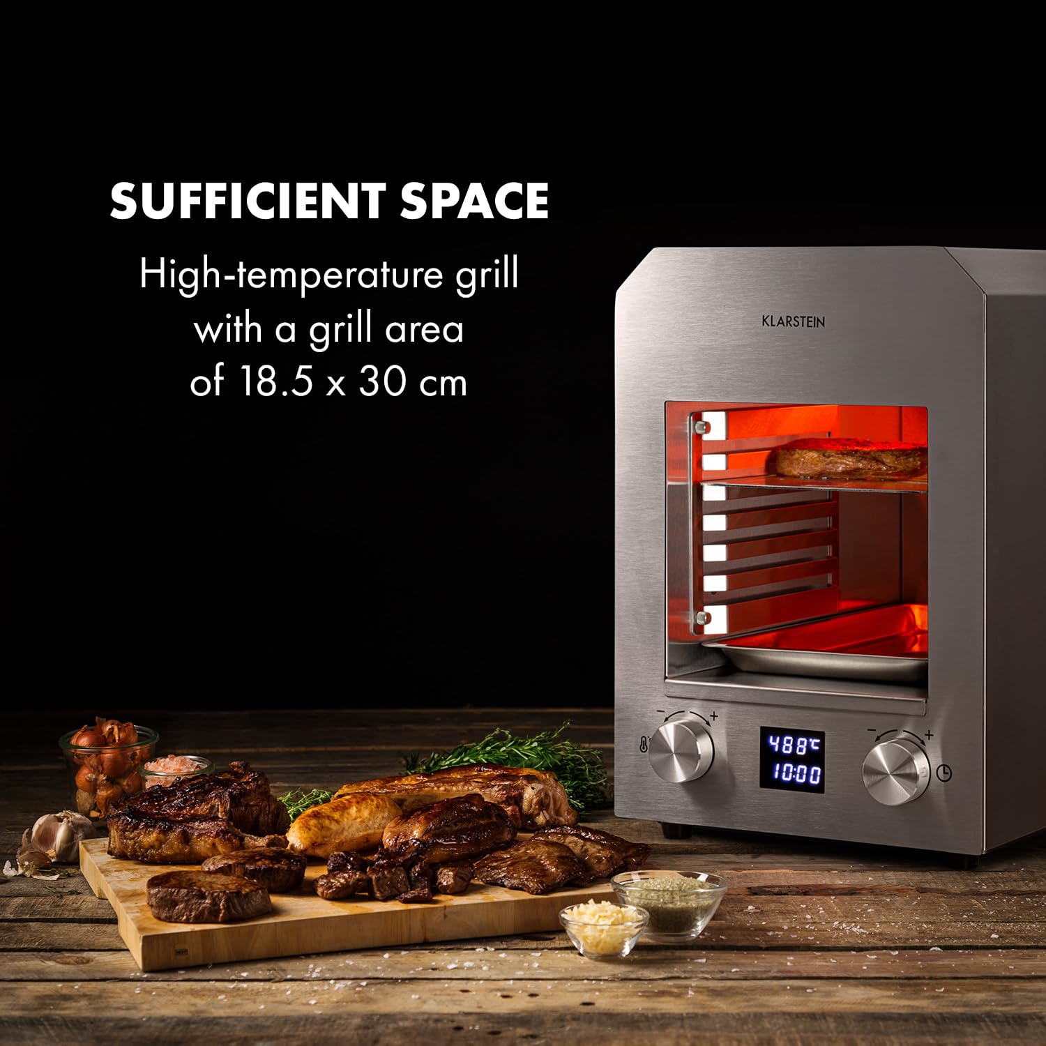 Klarstein Hannibal - Parrilla alta temperatura interior, Potencia: 2.200 W, Temperatura: 200-850 °C, Elemento infrarrojo, CharForce System, Superficie: 18,5 x 30 cm, Display LED, Temporizador, plata