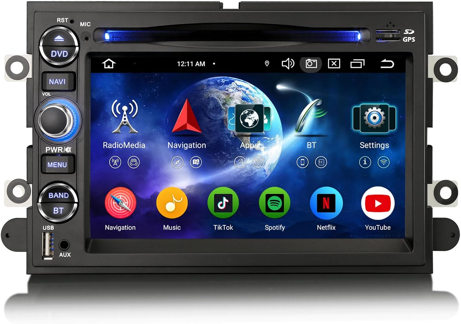 Erisin 8-rdzeniowy 4 GB + 64 GB Android 14 GPS radio samochodowe do Ford Focus F150 F250 F350 Explorer Fusion Mustang Edge Five Dog Red obsługuje IPS Bluetooth 5.0 CarPlay Android Auto DAB+ WiFi 4G