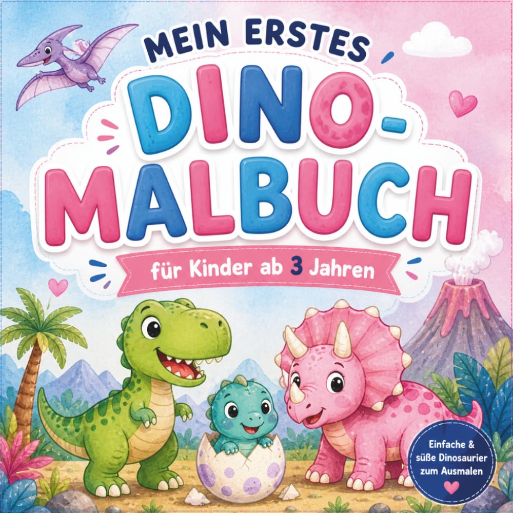 Süßes Dino Malbuch für Kinder ab 3 Jahren: Einfaches Dinosaurier Ausmalbuch für Kleinkinder – Niedliche Dinos, große Flächen, perfekte Beschäftigung für Jungen & Mädchen im Kindergartenalter