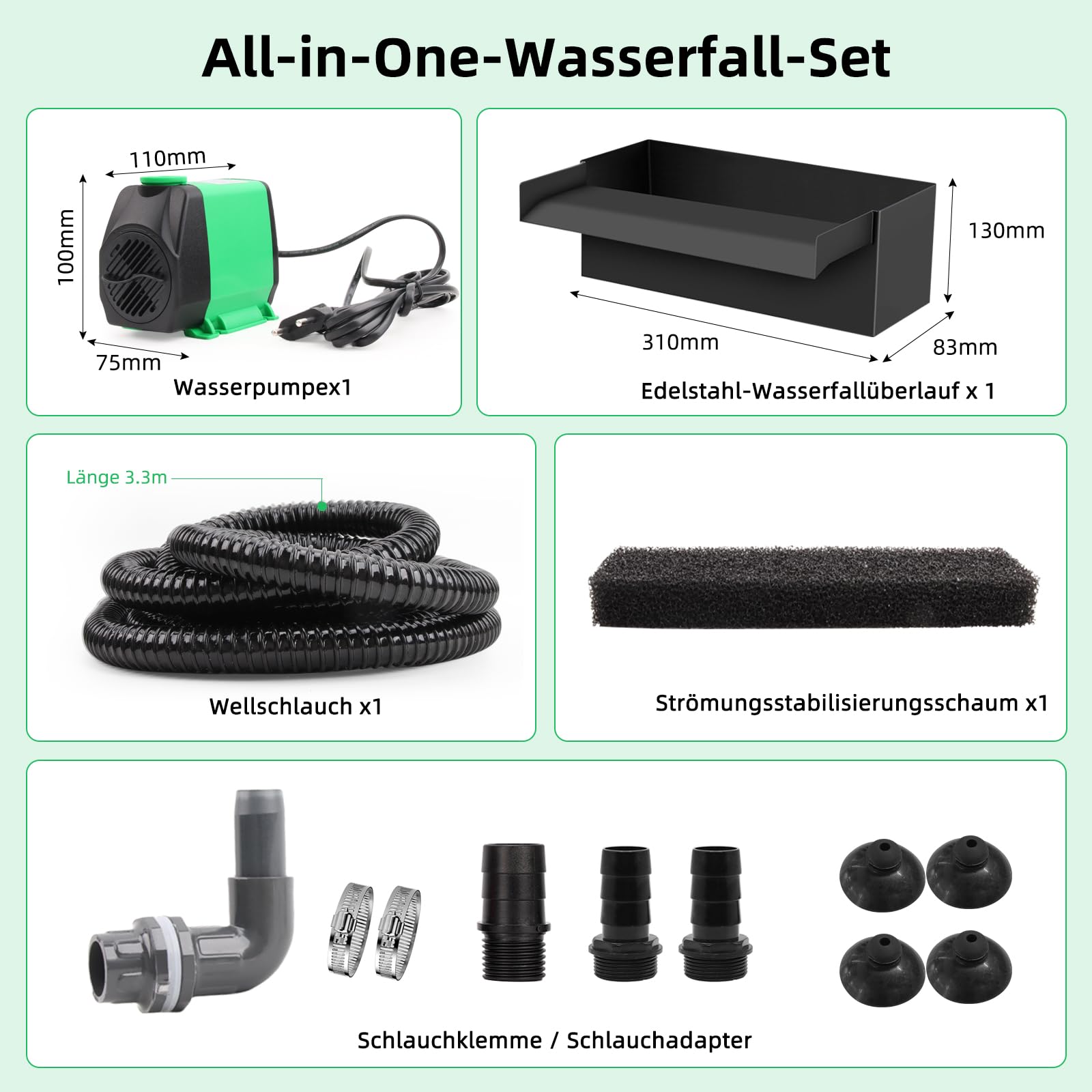 Schwarze Edelstahl Teich Wasserfall Spillway Pool Brunnen Wasser Feature, 45W 3000L/H with Pumpe, Teichüberlauf mit Pumpe und Wellrohr mit Filtermedien, für Terrasse Wasserwand
