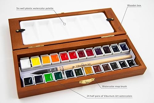 Miniatura 3 de Juego de pintura de acuarela profesional, 24 medias bandejas altamente pigmentadas, pinturas de acuarela transparentes con pincel de acuarela