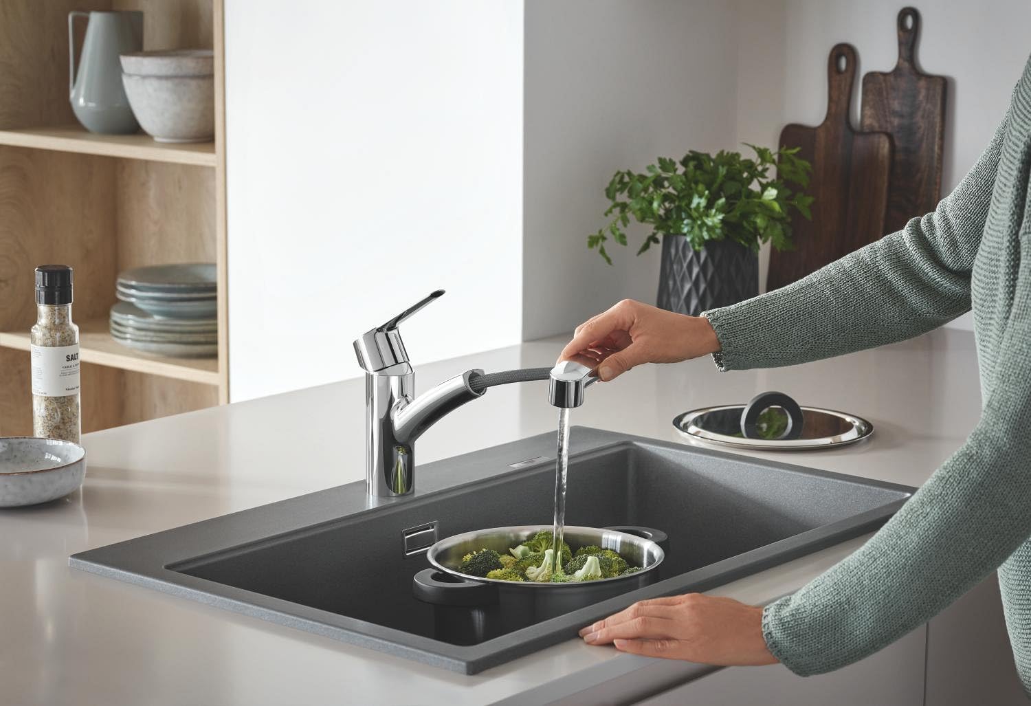 GROHE QUICKFIX Start Robinet de Cuisine évier, Douchette extractible, Inverseur 2 jets, Rotation 90°, Chromé