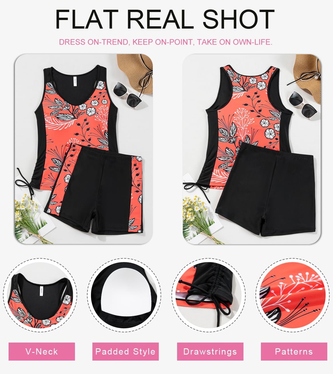 Dokotoo Women's Tankini Swimsuits 2025 Two Piece Bathing Suits Tummy Control Swim Tank Top with Boy Shorts Small Red Floral image 4 of 6 B0DJ88WS5L