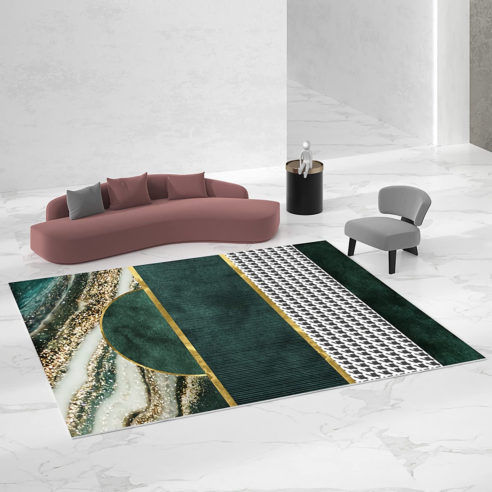 Tapis de cheminée moderne vert et or design abstrait pour salon 120x160cm