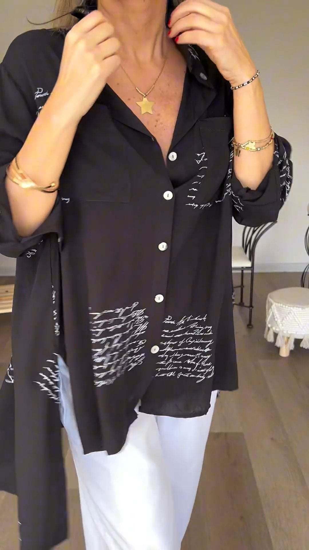 Letter Print Fashion Lapel Shirt, Women's Long Sleeve Print Button Down Shirts Casual Loose Blouse Tops (Black,L)