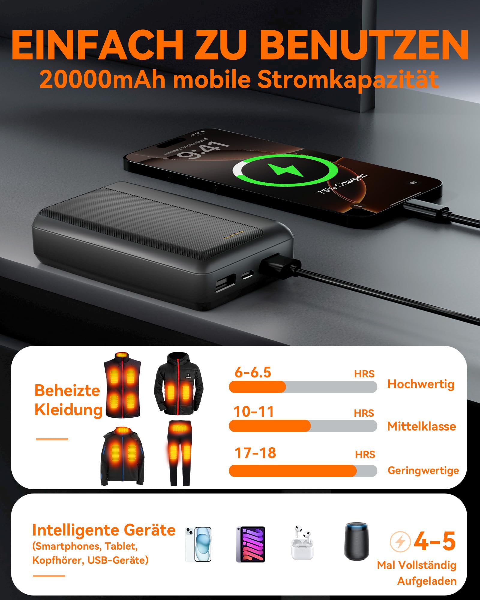 Batterie externe pour gilet chauffant - 5 V 2,4 A 20 000 mAh - Sortie USB