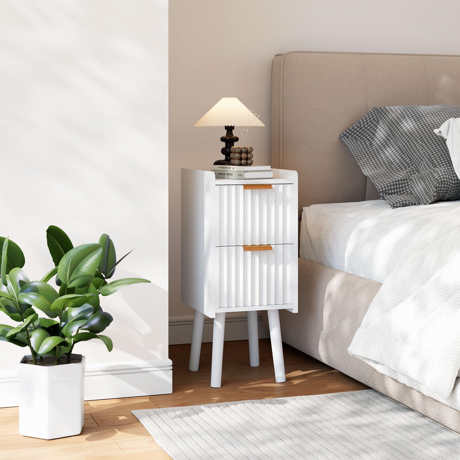 IBUYKE Mesita de Noche Estrecha, mesita pequeña con 2 cajones, Ahorra Espacio, mesitas de Madera para Dormitorio y Sala de Estar, Blanco WNS015W
