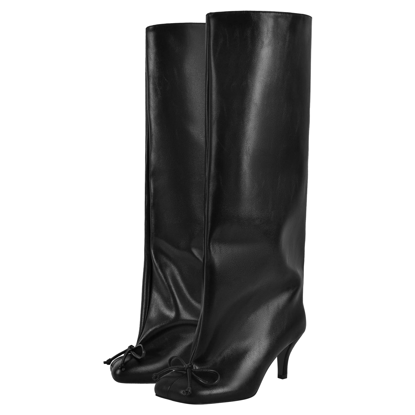 LISHAN Womens Square Toe Bowknot Knee High Boots Pull On Slouchy Boot Kitten Heels
