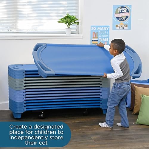 Vista 74 de Children's Factory SpaceLine - Juego de 4 catres para siesta para niños, guardería y preescolar, tamaño pequeño, color azul Wedgewood