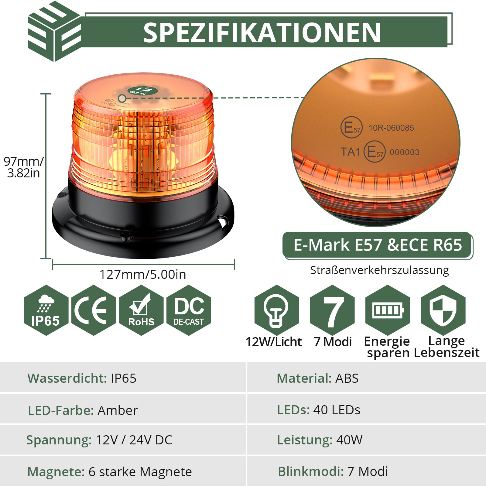 EYPINS 40 LED Rundumleuchte, 40W Auto Warnleuchte, Rundumleuchte Orange, Magnet Warnlicht Blinkleuchte Strobe Beacon Light IP67 für 12V/24V Truck, KFZ, LKW, Traktor | E57 IP67