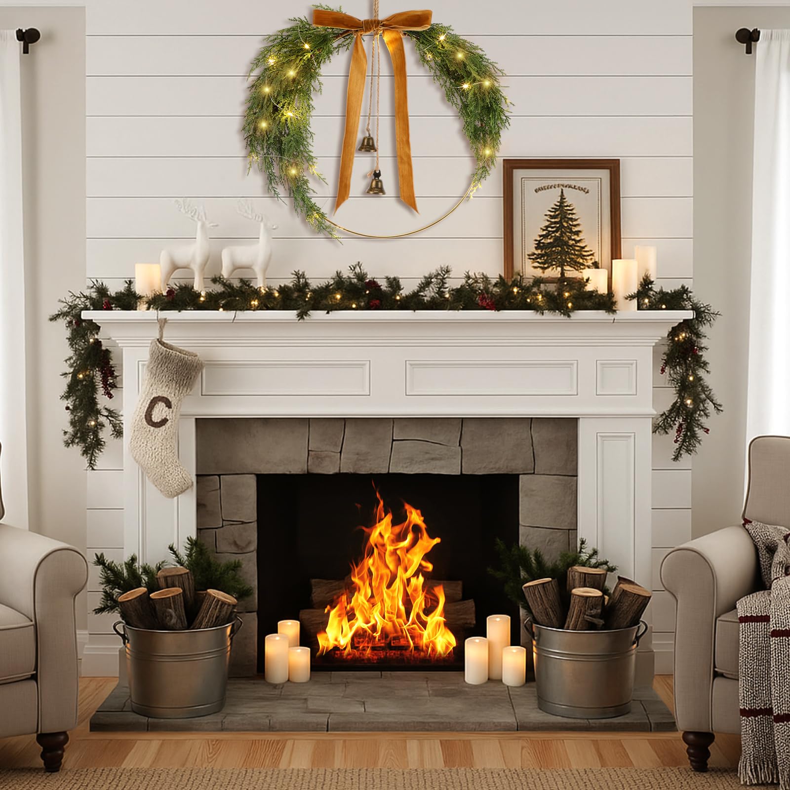 Hungdao Lot de 2 couronnes de Noël en pin avec nœud lumineux de 30 cm - Décoration rustique pour fenêtre et mur - Décoration à suspendre (pin cèdre)