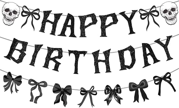 3pcs Gothic Black Bow Birthday Party Decorations Gothic Black Bow Happy Birthday Banner Skull Skeleton Garland Goth Party Decorations Supplies for Emo Spooky Halloween Party Anniversary