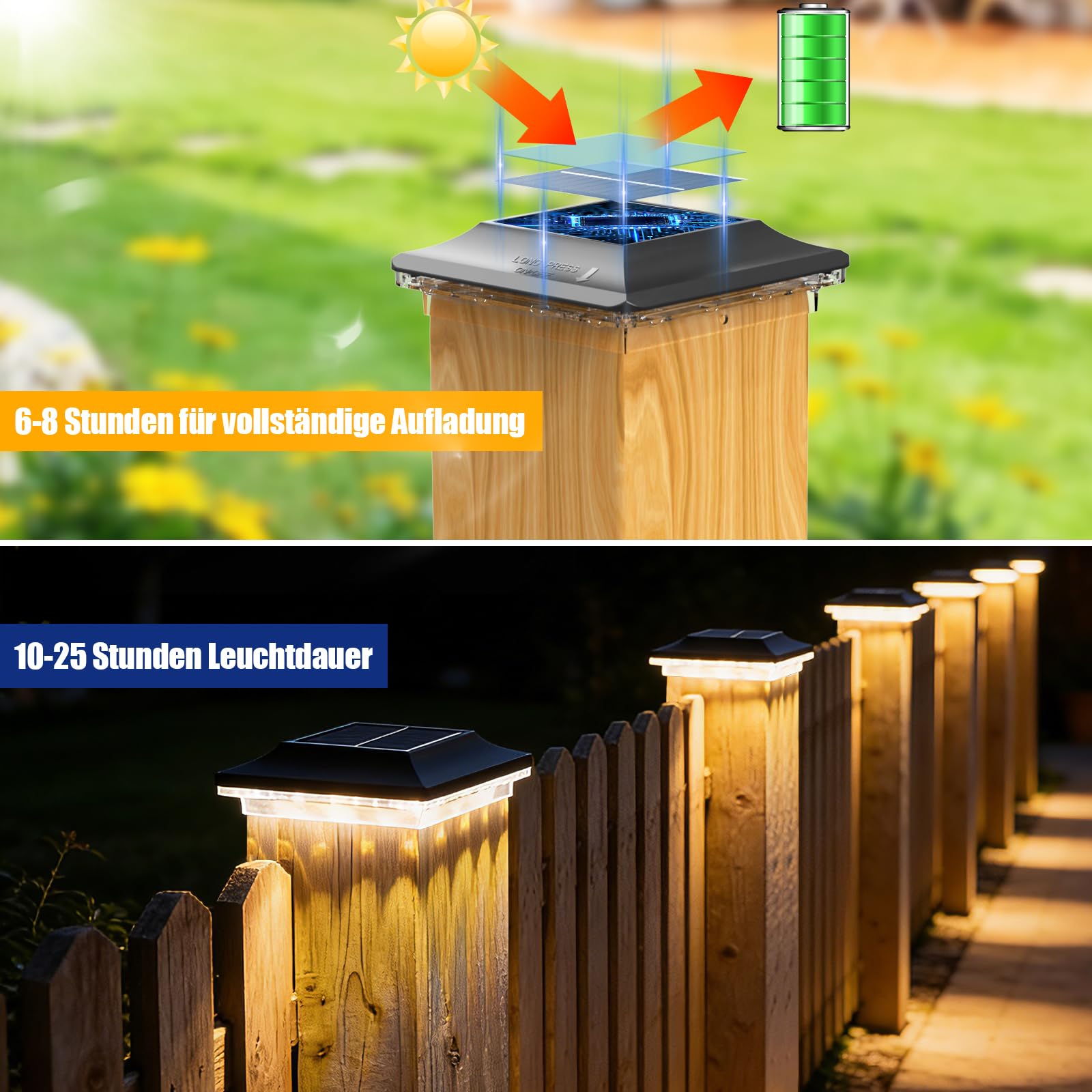 4er Pack Solar Pfostenleuchten Außen, LED Pfostenkappen Solar 9x9 10x10, IP44 Wasserdichte Pfostenlampe mit 3 Farbmodi (Kaltweiß/Warmweiß/Mischlicht), Säulenleuchte für Terrasse Zaun Pfosten