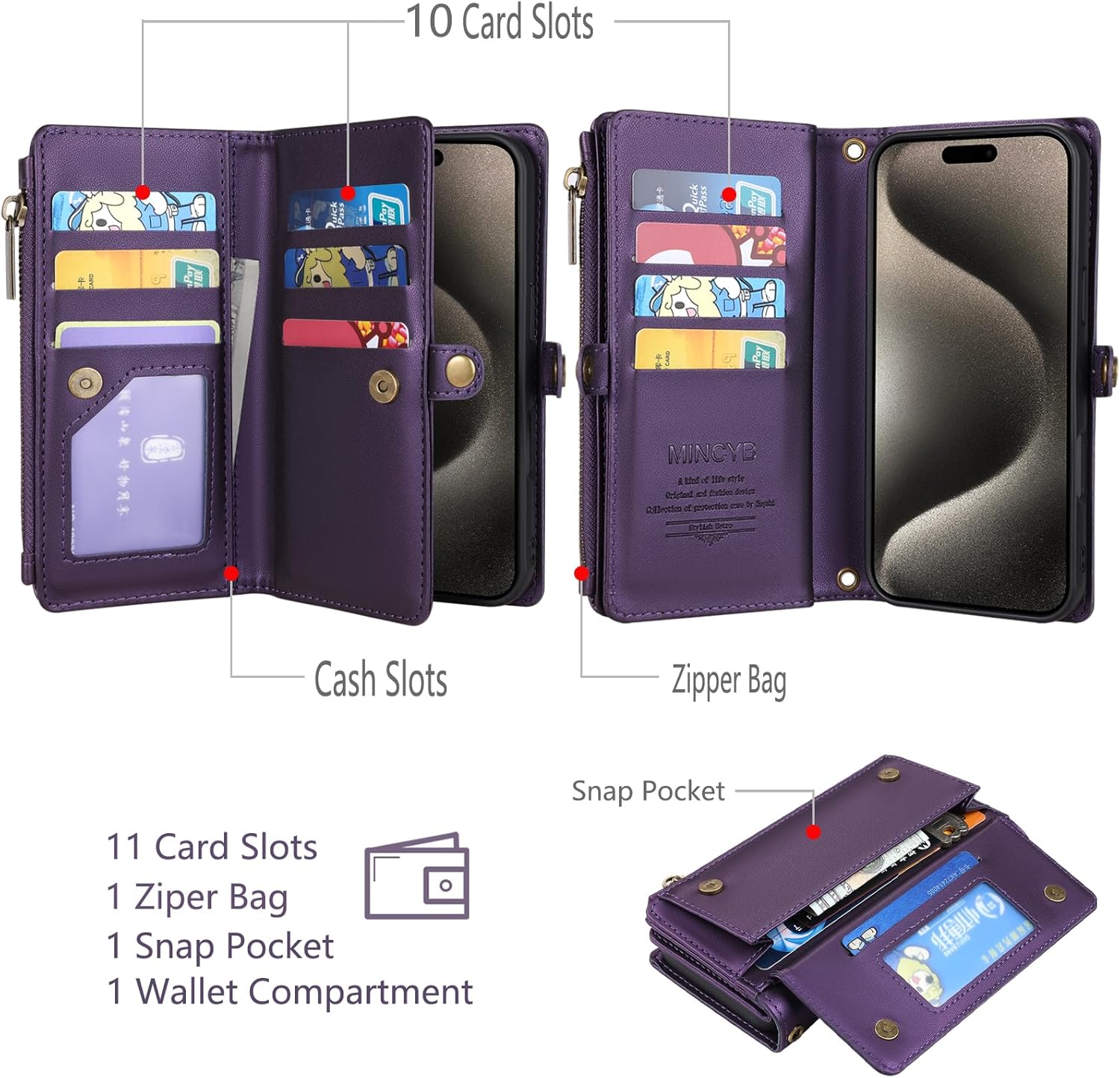 MInCYB for iPhone 16 Wallet Case with Crossbody Strap & Magnetic Detachable PU Leather RFID Blocking Card Holder for Women Men, 6.1" - Purple