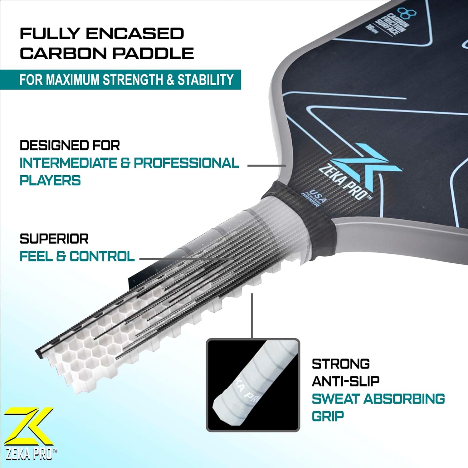 T700 Raw Carbon Fiber Pickleball Paddle, 16mm Pp Core, Phenomenal Grit for top Spin, Thermoformed w/Foam Infused Walls, Elongated Design w/Power & Control, Extra Large Sweet Spot & Premium Grip