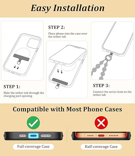 Vista 9 de Vihibii Correa de muñeca con dije para teléfono con 2 lengüetas de sujeción, cordón anticaídas para teléfono celular, cuentas de perlas de moda