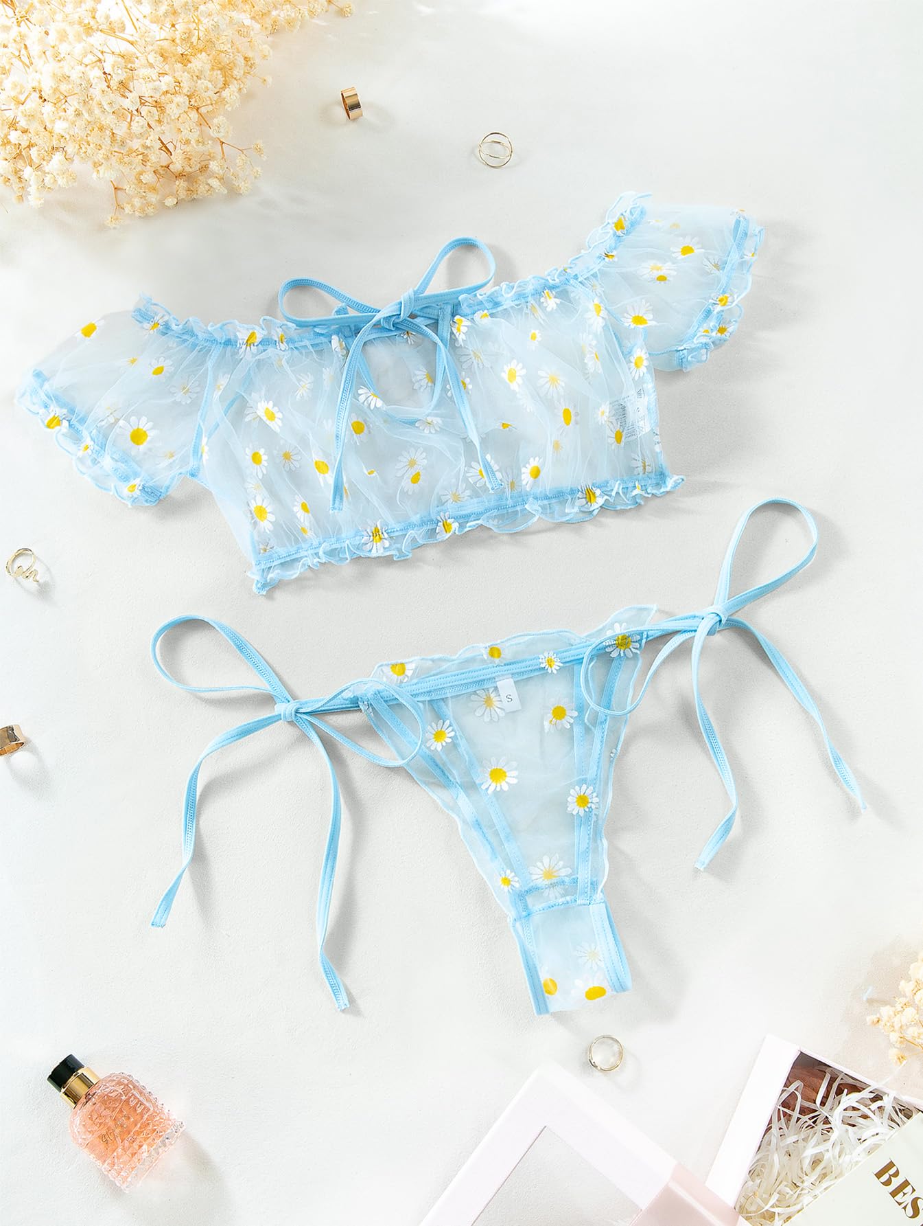 Lilosy Sexy Stretch Ruffle Tie Sheer Mesh Lingerie Set Outfits: Small Flower Blue