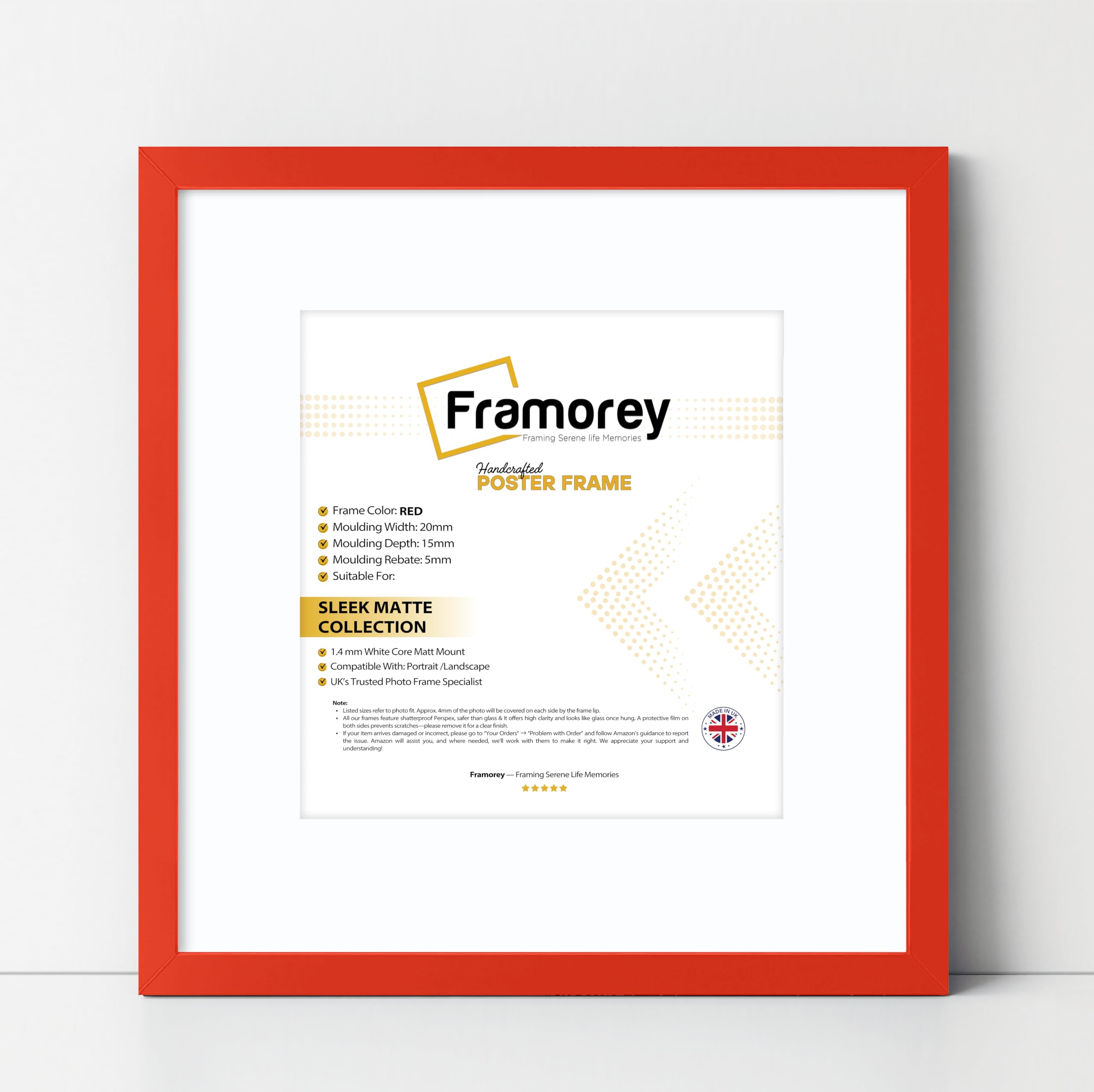 FRAMOREY Square Size Thin Matt Photo, Handmade Flat Thin Picture Frame, 13x13" Size Red Picture Frame With 11x11" Size White Mount, Photo Print Frames