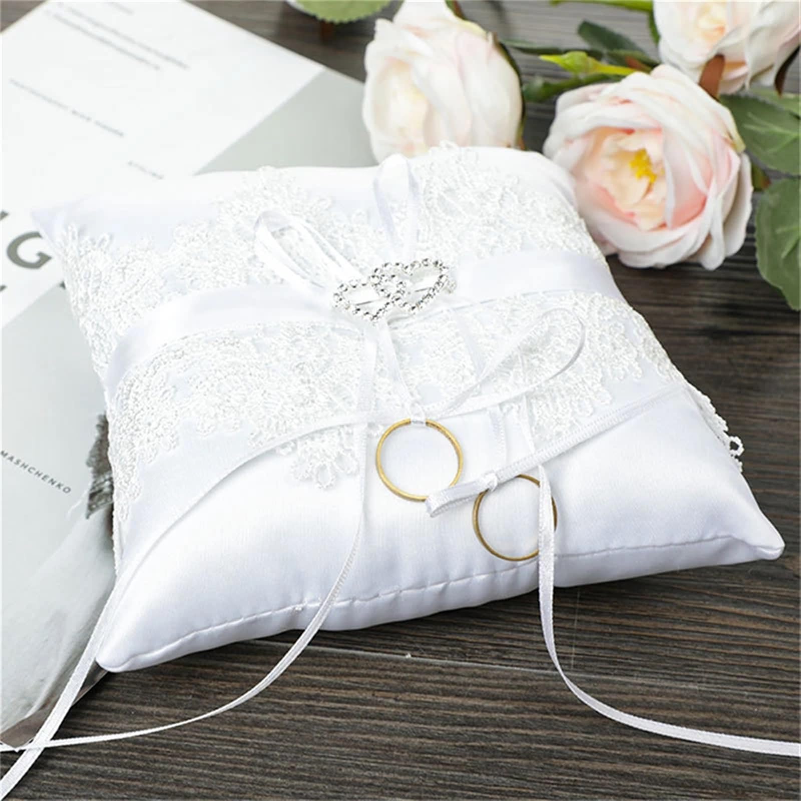 Cuscino Fedi Nuziali Doppio fiocco nastro perle romantico cuscino for anello nuziale cerimonia tascabile for portatore con nastri decorazione(B 20x20cm)