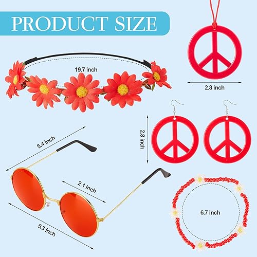 Miniatura 3 de Juego de 6 accesorios de disfraz hippie de los años 60 y 70, gafas hippie retro de los años 60 y 70, aretes y collar, banda para el pelo de girasol