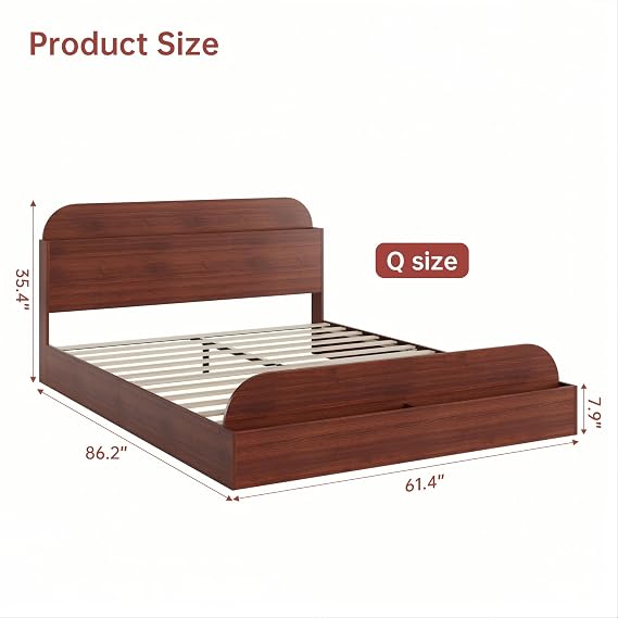 IDEALHOUSE Queen Size Bed Frame, Wooden Bed with Storage Headboard and Footboard, Floor-Low Platform Bed with Wooden Slats Design, No Box Spring Needed, Espresso