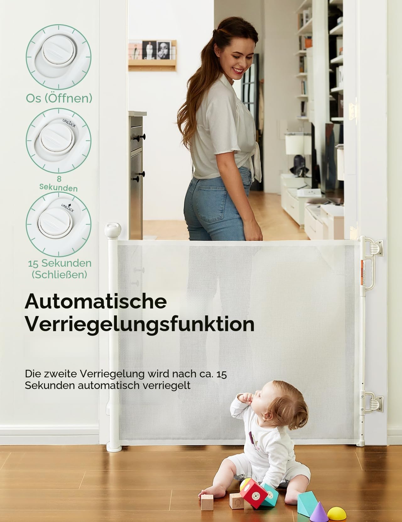 Momcozy Automatischer Verriegelung Treppenschutzgitter Ausziehbar für Baby, Haustier Türschutzgitter, Kinderschutzgitter, Einhändig Öffnen,0-140 cm, Geeignet für Treppen/Türen/Innen & Außen | Kinder, Treppe, Hund, eine Hand, Flur, Küche, Innenbereich, Auß