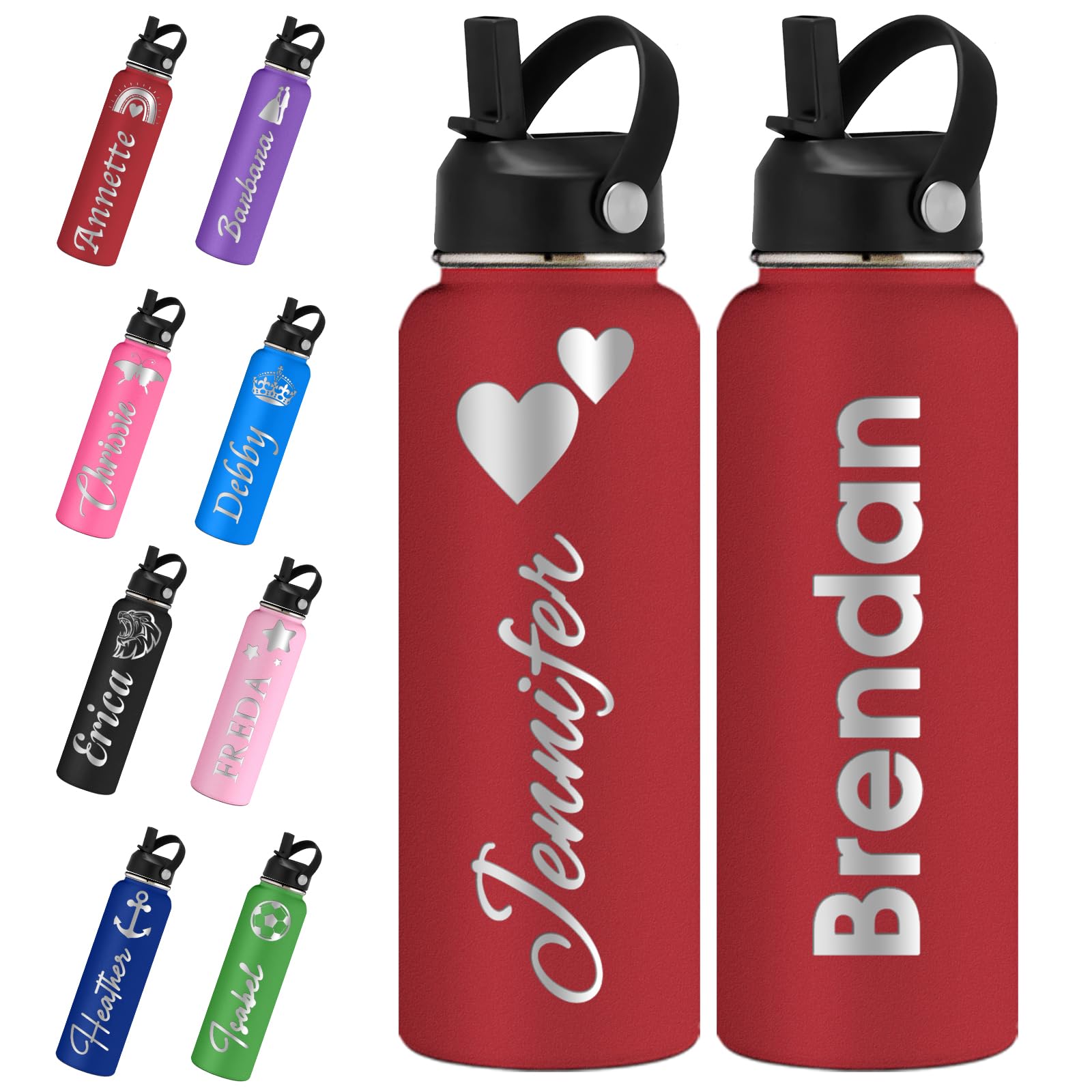 Xihedfd Personalised Water Bottles with Straw Lid 700ml/950ml/1150ml Custom Engraved Name Logo Stainless Steel Bottle Customised Insulated Thermos for School Sport Gym Work
