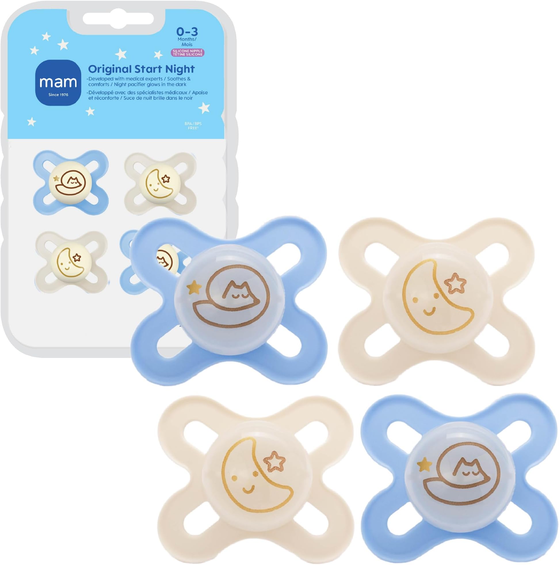 Original Start Baby Pacifiers 0-3 Months, BPA-Free Skin Soft Silicone Nipple, Glows in The Dark, Developed with Medical Experts Specially for Smaller Newborn Mouths, 4 Pk, Made in Europe