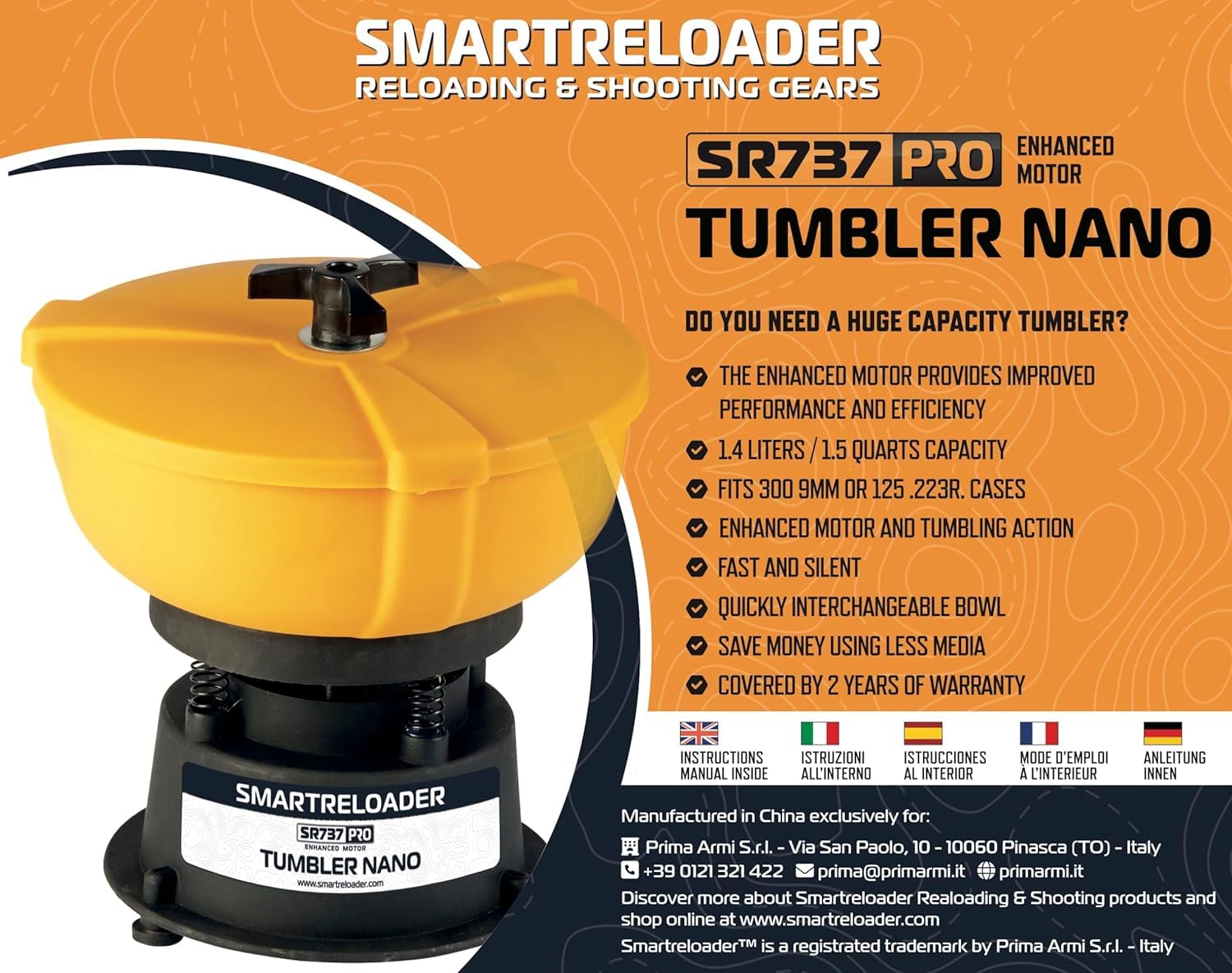 Smartreloader SR737 Nano PRO, Buratto per Bossoli, Ideale per Cacciatori, Tiratori di Poligono, Gioiellieri, Ristoratori, Ferramenta, Lucidatura Rapida, Motore Potente, Contenitore 1.75lt