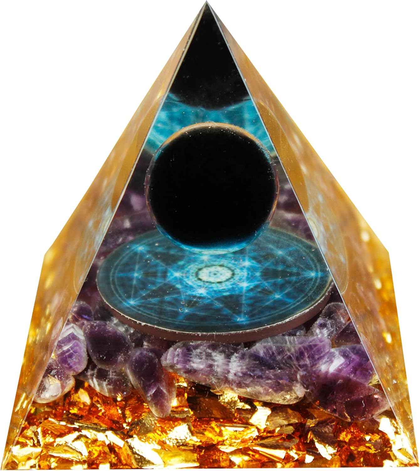 Orgone Pyramid Obsidian Ball &Amethyst Crystal Gift Nubian Orgone Pyramid for Success Healing Crystals Pyramid Healing Stone Protection Reiki Chakra Meditation (Tai Chi)