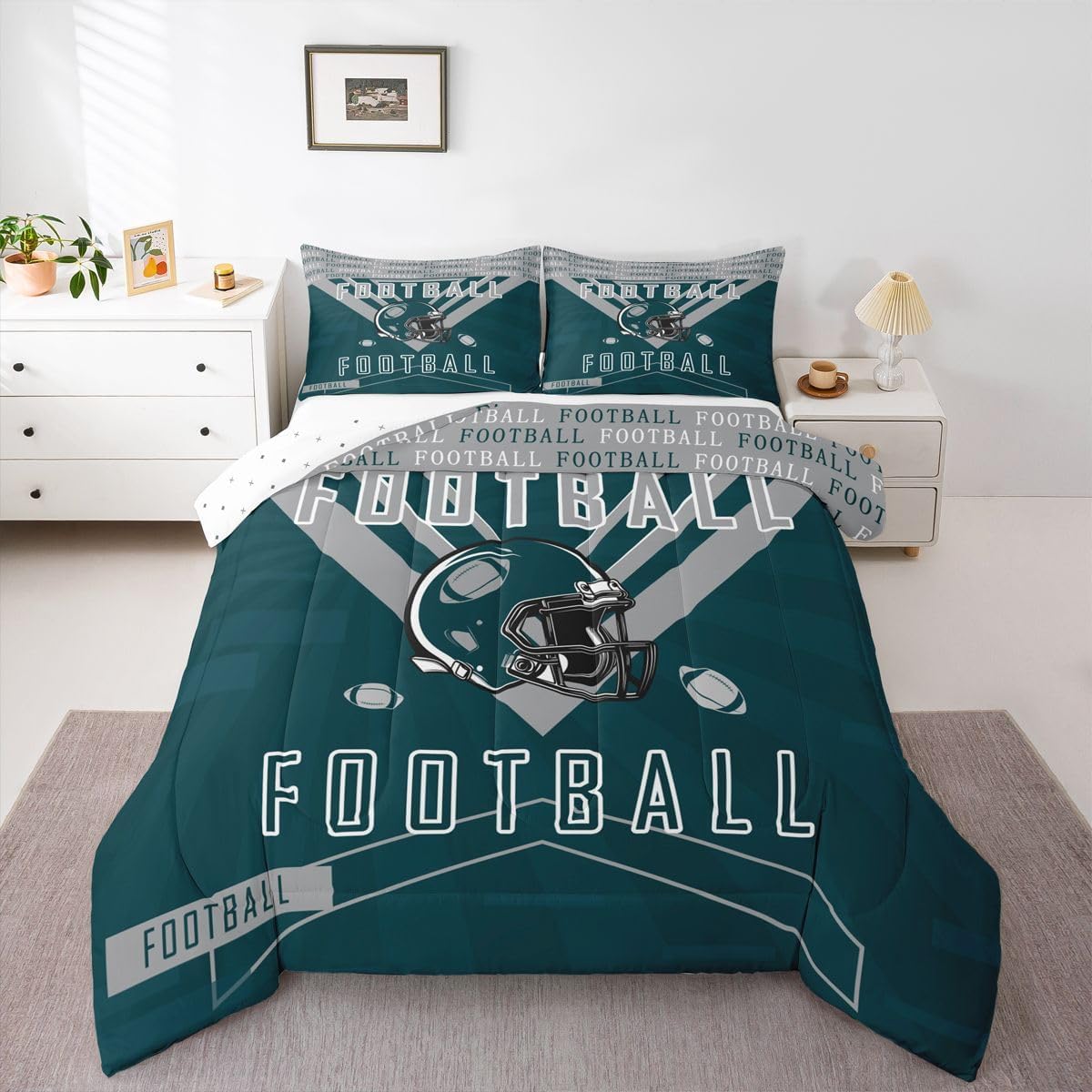 Feelyou Football Bedding Set Boys Girls Queen Size Rugby Sports Comforter Set Women Men Football City Duvet Quilt Gray Green Room Decor