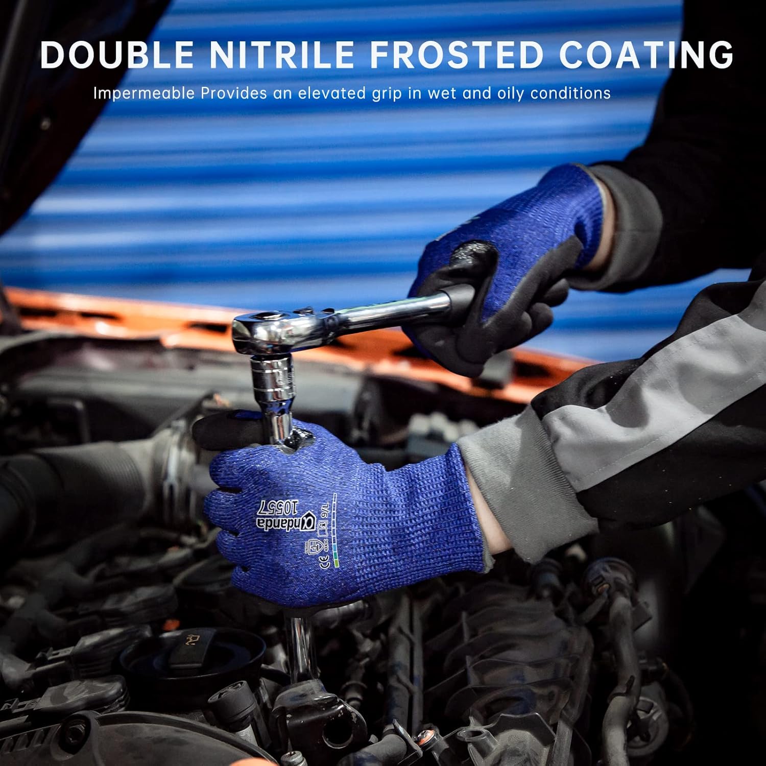ANDANDA Level 5 Cut Resistant Gloves, 3D Comfort Stretch Fit, Double Frosted Nitrile Coated Work Gloves with Power Grip, Ideal Work Gloves for Handle Glass & Sharp Metal, Blue(XL),1Pair - Image 2