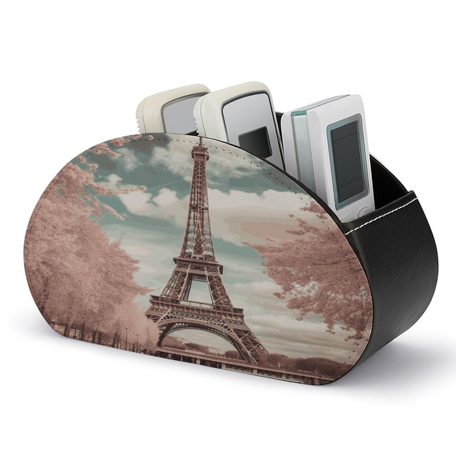 LZQPOEAS Vintage Style Eiffel Tower Paris Remote Control Holder Desk Storage Organizer Box Container Remote Storage Box with 5 Compartments PU Leather Remote Caddy for Home Bedside Table Organizer