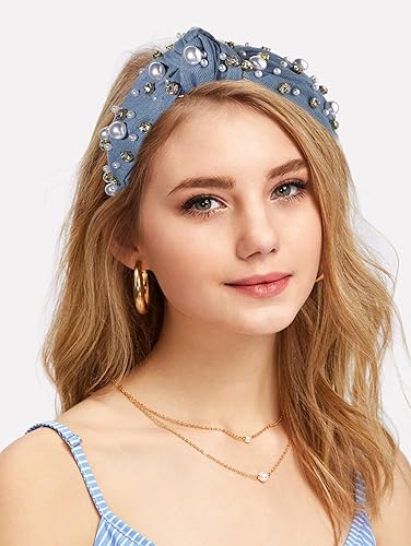 Miniatura 5 de Diadema anudada con perlas blancas para mujer, con diamantes de imitación de cristal adornado, a la moda, elegante, con nudo superior ancho, para