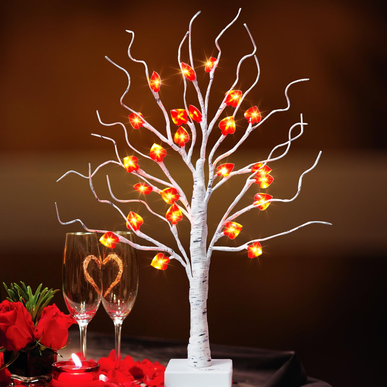 PABIPABI Wedding Tree Decor, White Birch Tree Lights with 24 Heart Shaped Ornaments, Battery/USB Powered Valentines Day Decorations with Timer, Artificial Tabletop Tree for Home Party Indoor