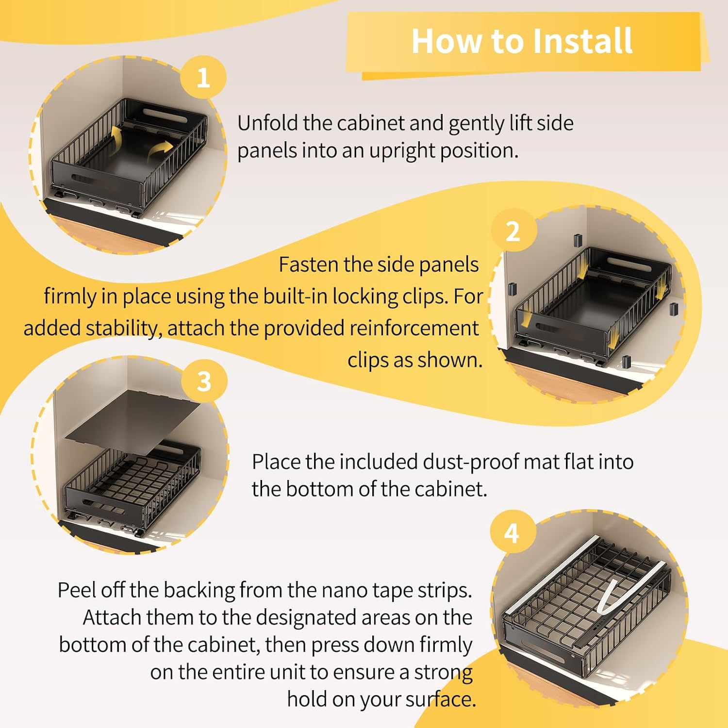 Pull Out Cabinet Organizer, Slide Out drawers for cabinets, Heavy Duty Carbon Steel Roll Out Shelves for kitchen, bathroom, pantry (14.7’’-23.1’’ Slide, Adhesive & Screw), Black (2)