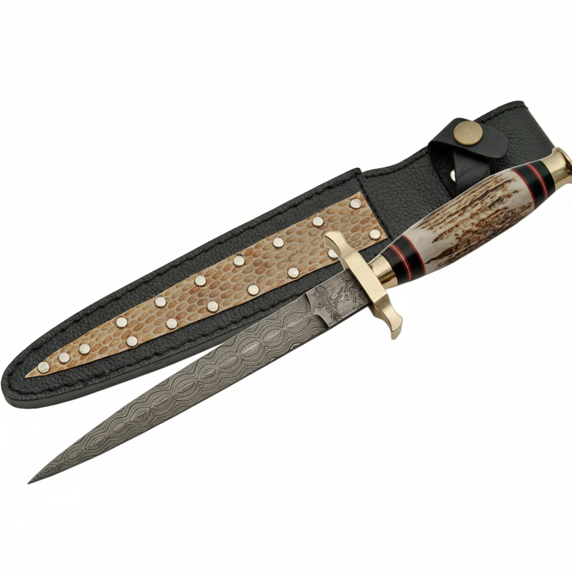 SANZ Damascus Athame Hunting Knife 12.5 Inch - Camping Knife with Stag Handle, Full Tang Blade & Sheath - Pocket Knife for Hunting, Camping & Outdoor uses