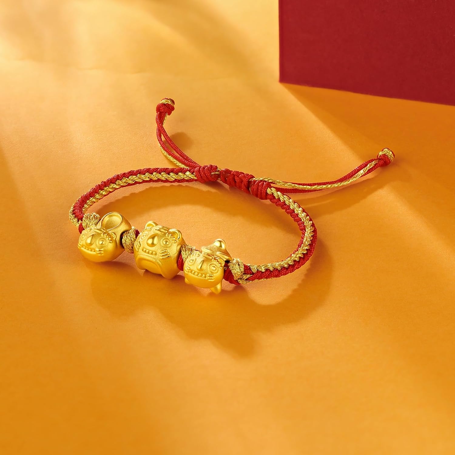 24K Solid Gold Bracelet Tiger Real Pure Gold Jewelry Lucky Chinese Zodiac Charm Red Braided Bracelet 5.1-7.5" A1711121