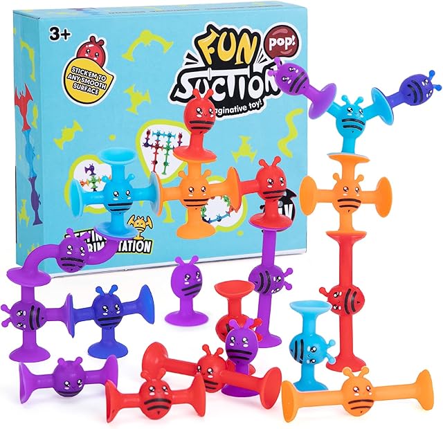 Suction Toys Bath Toy Set,19 Pcs Slicone Sucker Toys for Kids,Suction Cup Building Toy,Pop Toys,Toy Building Set,Sorting & Stacking Toys,Preschool Learning Toys,Toddler Montessori Travel Toys
