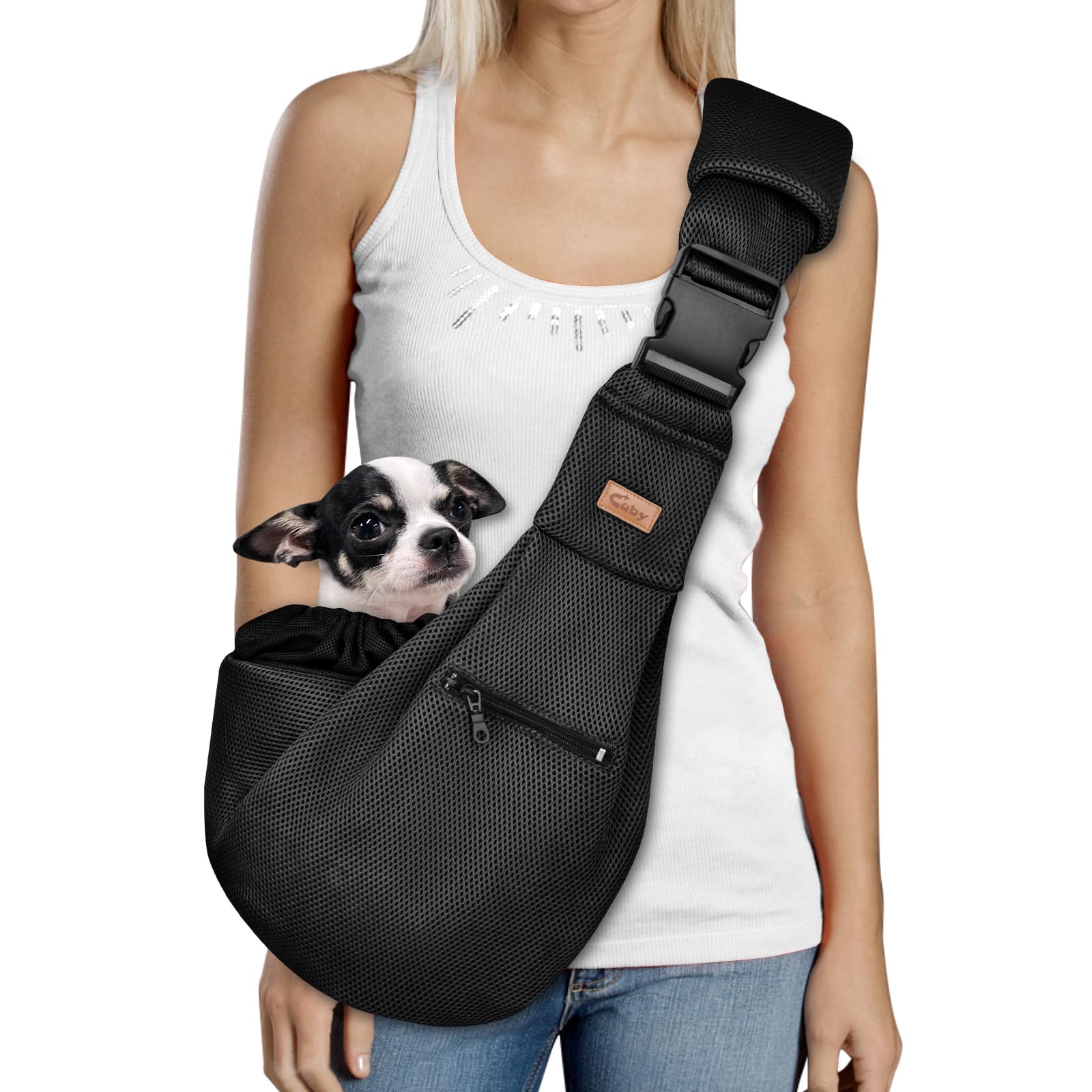 CUBY Black Puppy Dog Carrier, Summer Breathable Adjustable Mesh Pet Sling Carrier for Small Medium Dogs Hands-free Sling Cat Bag Protect Shoulder Strap with Safety Belt Disassembled Bottom Mat