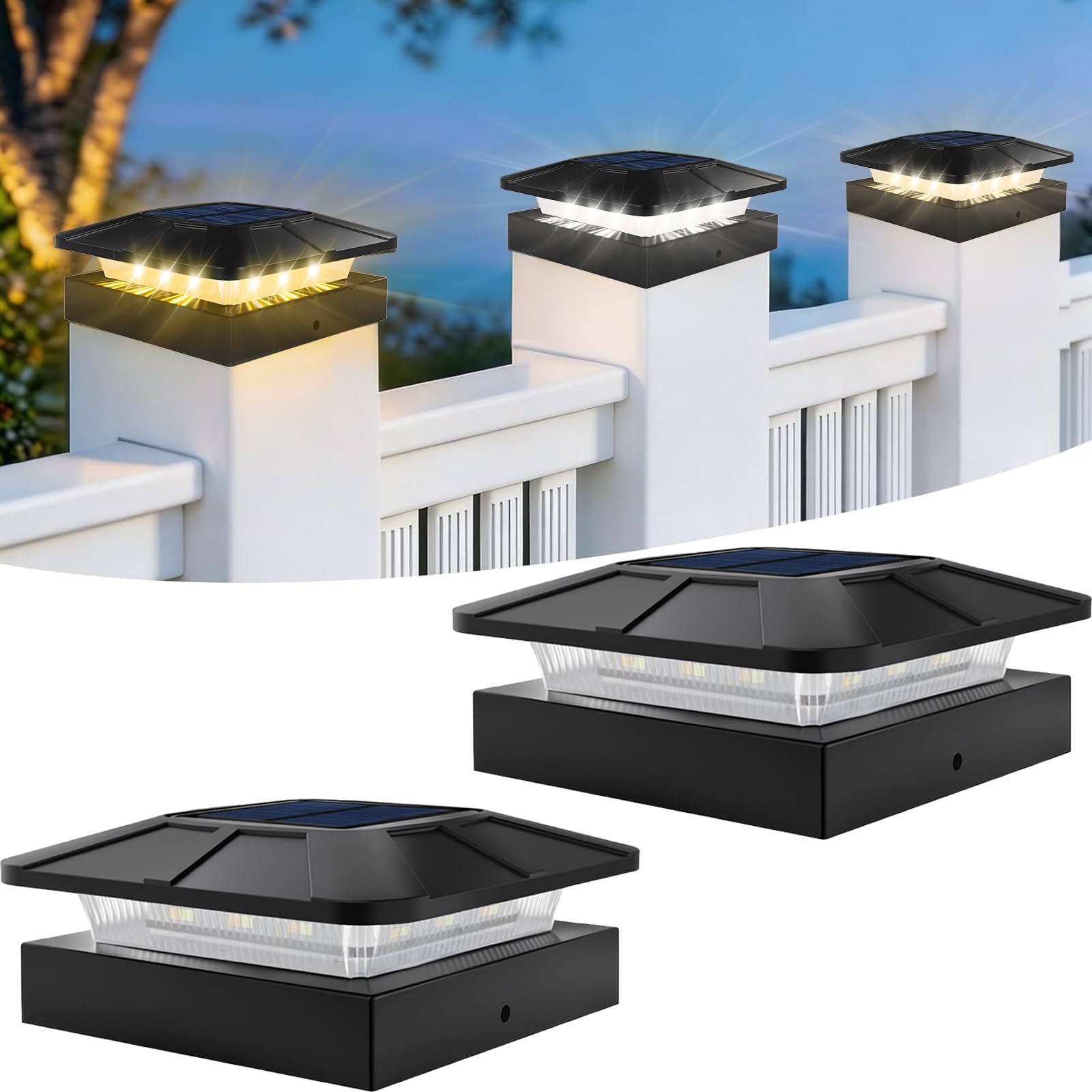 ROMANJOY 4x4 Post Solar Lights, 3 Colors Solar Fence Lights, 2 Brightness Solar Post Cap Lights Waterproof, Deck Lights for Wood/Vinyl Posts, Garden, Patio, Stripe Light, 2 Pack