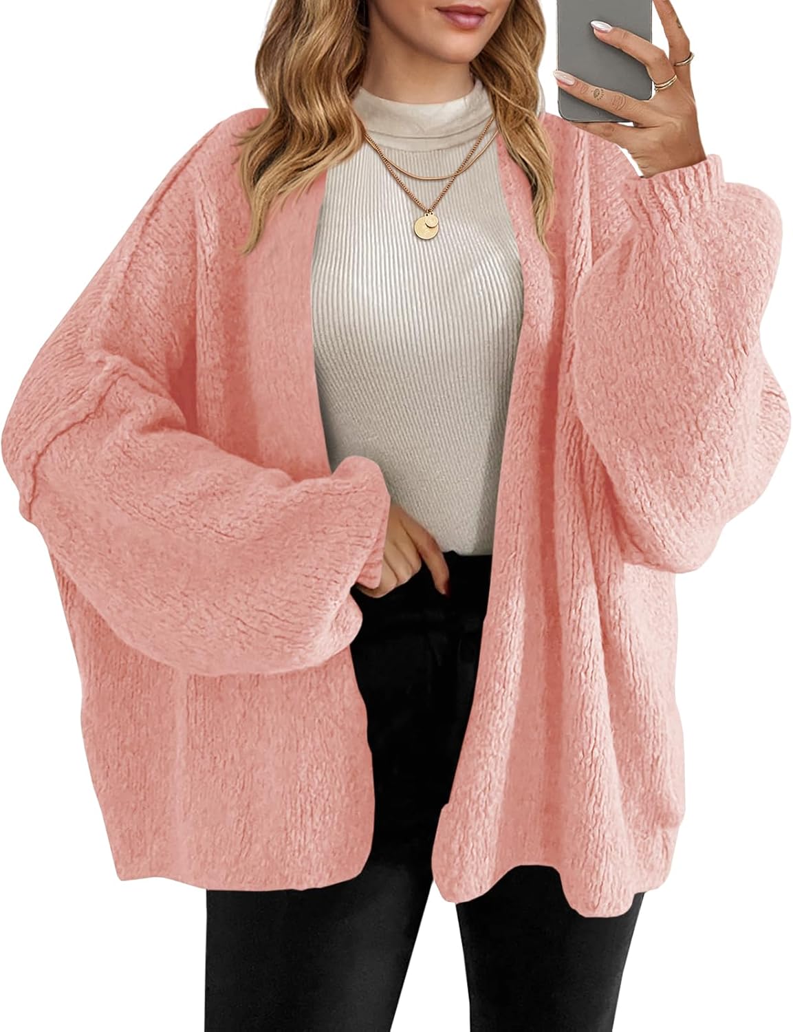 Saodimallsu Womens Oversized Cardigan Sweaters Open Front Chunky Knit Casual Long Lantern Sleeve Fall Sweater Coats