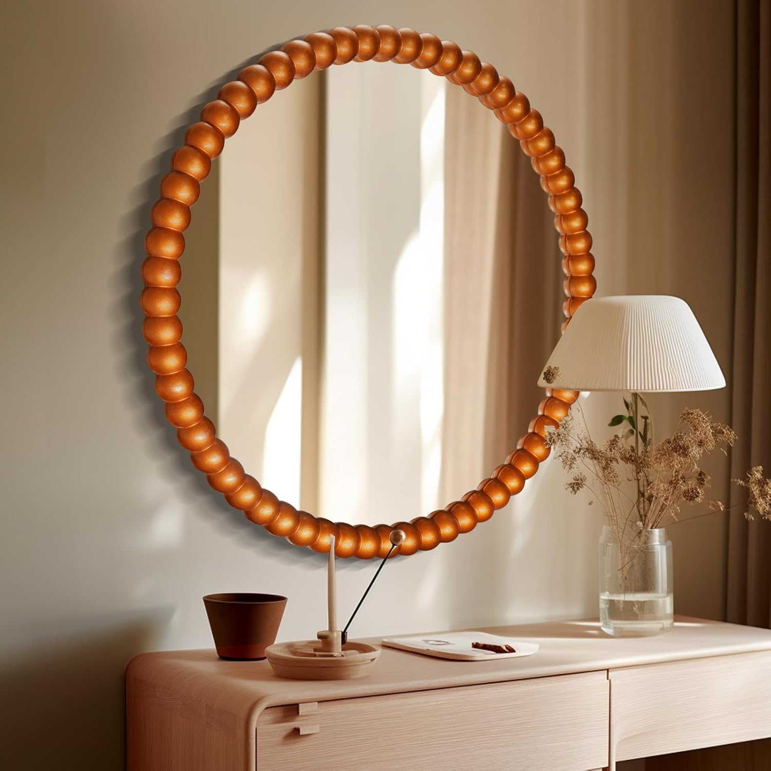 WallBeyond Round Mirrors for Wall Decor, 28 inch Wall Mirror Decorative with Beaded Framed for Home Decoration Entryway Living Room Bedroom, Gold