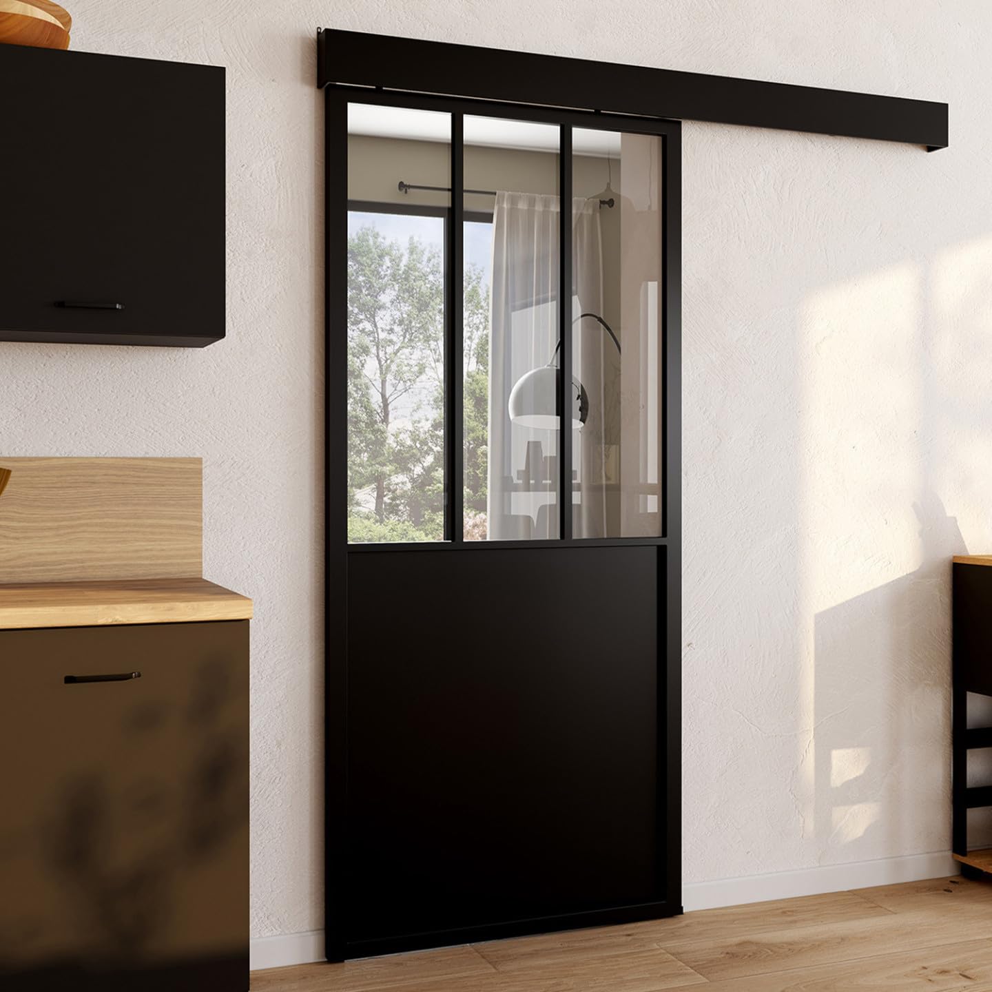 IDMarket - Kit porte coulissante verrière verre trempé 93 cm en métal + MDF avec rail et fixations