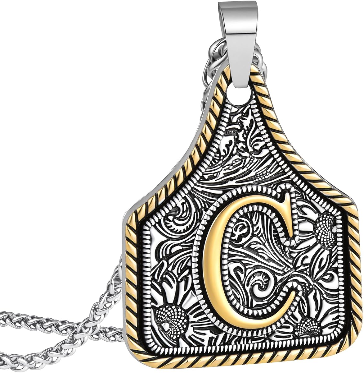 Initial Necklace with Cow Tag Pendant, 14K Gold-Plated, Retro Western Cowboy Style, Stainless Steel Chain